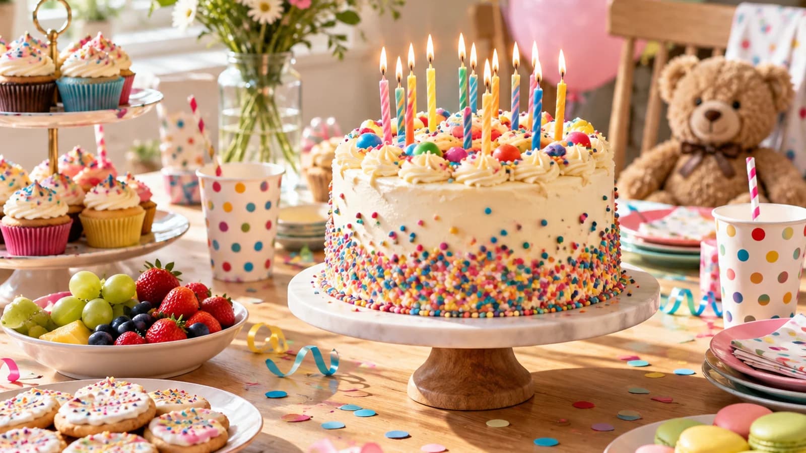 Parts de gâteau d'anniversaire, bonbons et boîtes de conservation sur une table claire, lumière naturelle, sans texte ni logo ni visage en gros plan