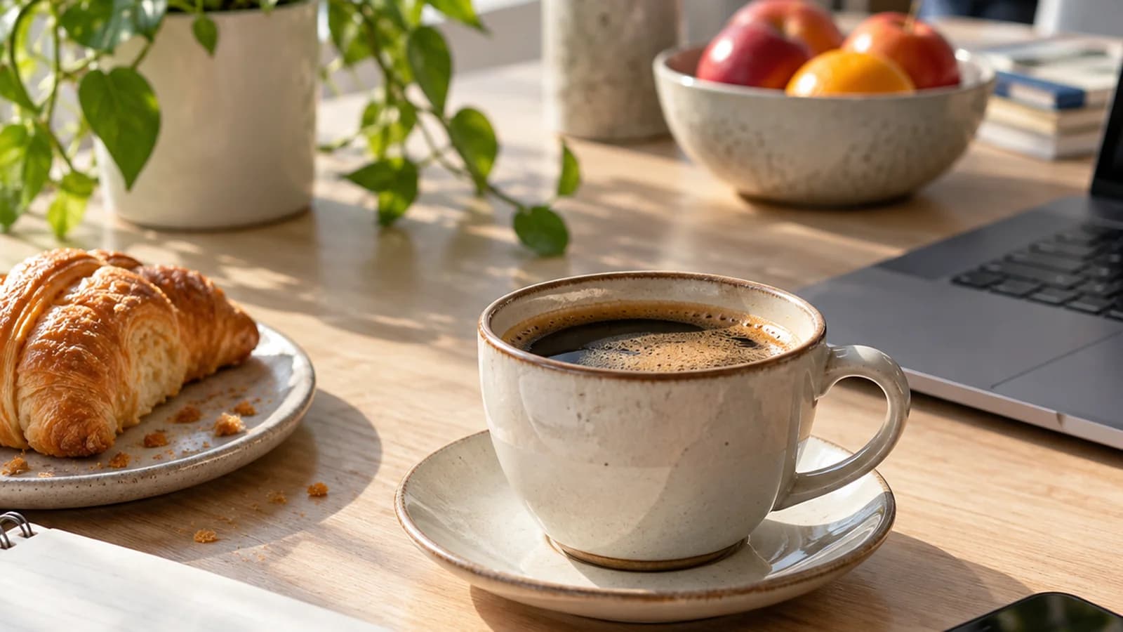 Tasses de café, fruit et petite viennoiserie sur une table de bureau éclairée par la lumière naturelle, sans texte ni logo
