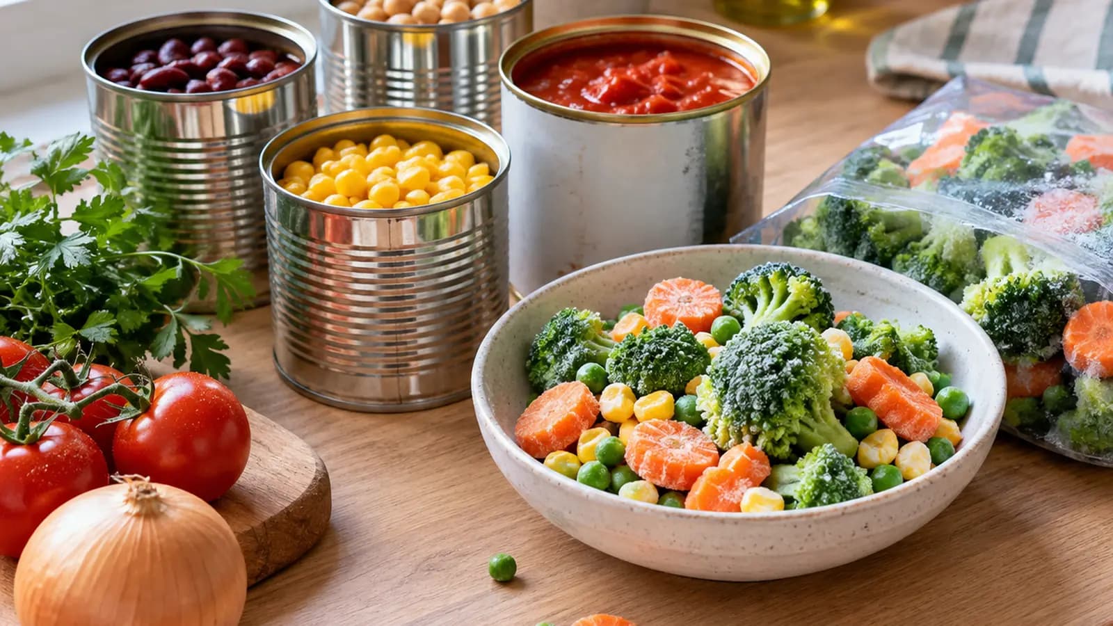 Table de cuisine avec un bol de légumes surgelés, des conserves ouvertes, du riz et une assiette composée, en lumière naturelle, sans texte ni logo