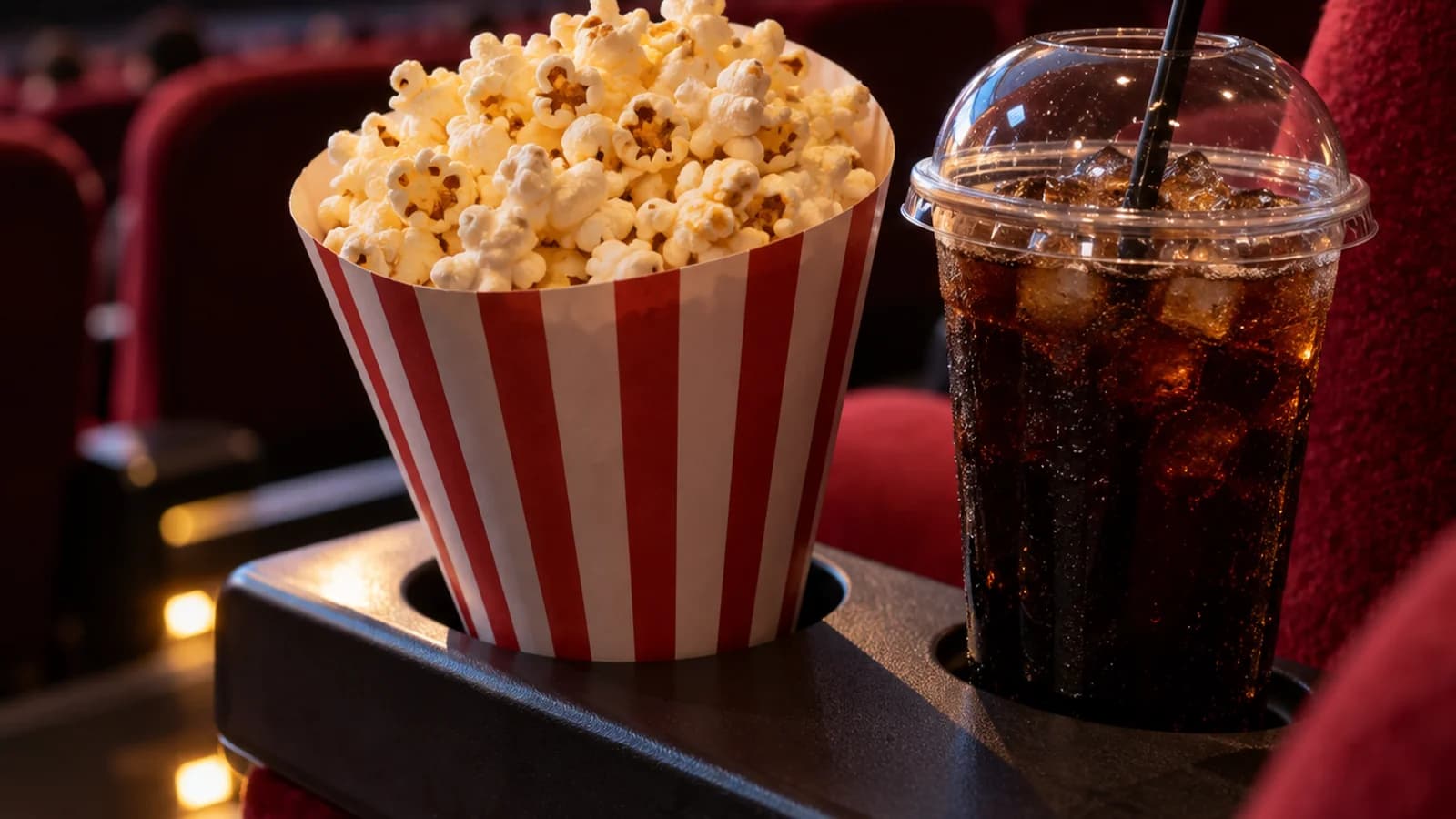 Sachet de pop-corn et boisson sur une petite table de cinéma, en lumière naturelle, sans texte, sans logo ni visage en gros plan