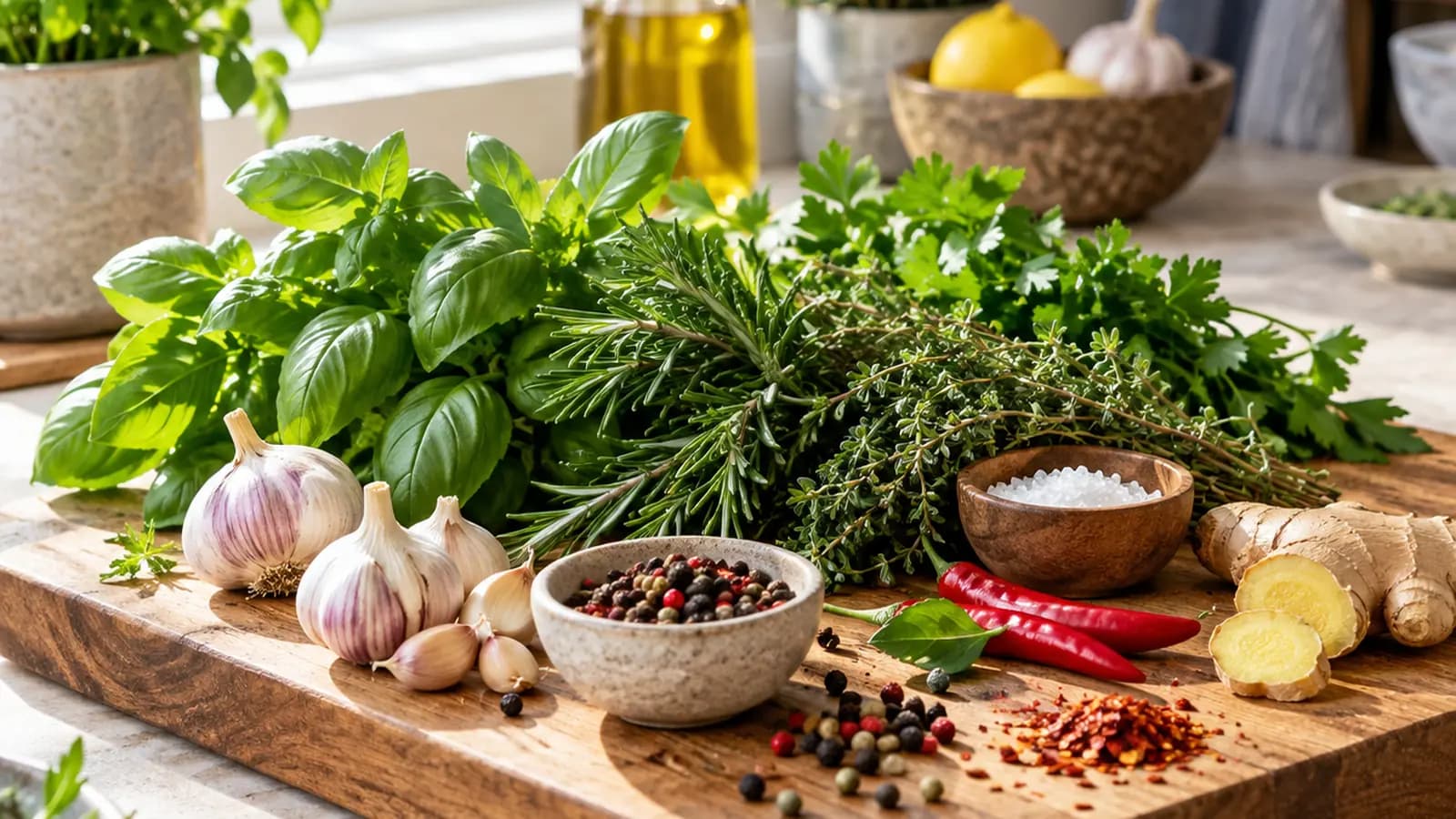 Poêlée colorée de légumes et pois chiches garnie d’herbes fraîches et d’épices, sur une table en lumière naturelle, sans texte ni logo