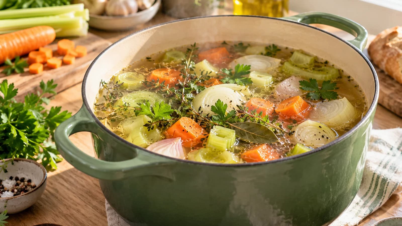 Casserole de bouillon de légumes maison avec carottes, poireaux et herbes fraîches, lumière naturelle, sans texte ni logo