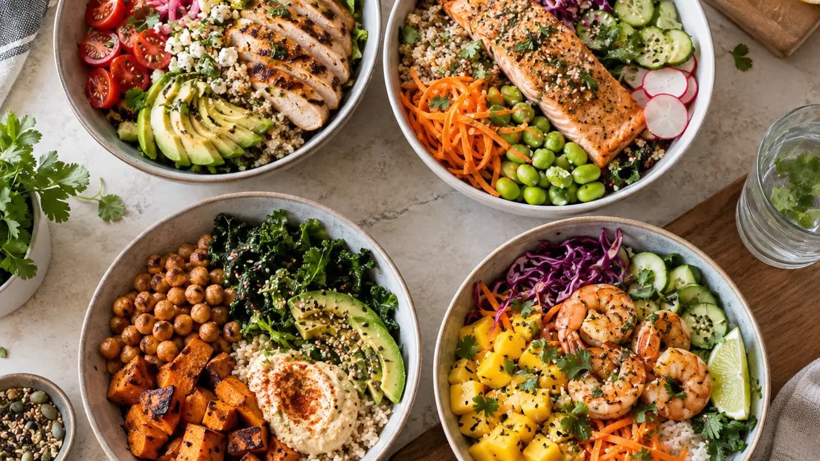 Table de cuisine avec des bols de riz, légumes rôtis, herbes fraîches et sauces variées, lumière naturelle, sans texte ni logo