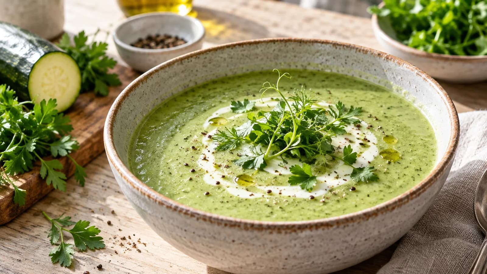 Bol de velouté vert de brocoli et chou-fleur, garni de graines de courge et d’herbes, sur une table éclairée par la lumière naturelle