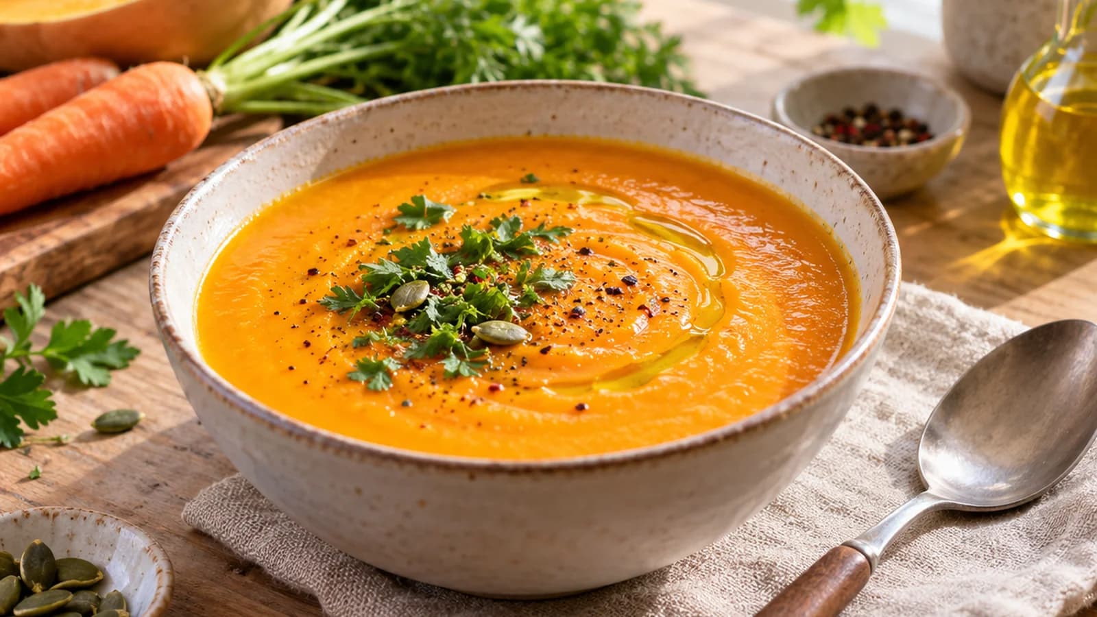 Bol de velouté de légumes orange et vert, servi avec des herbes fraîches à la lumière naturelle, sans texte ni logo