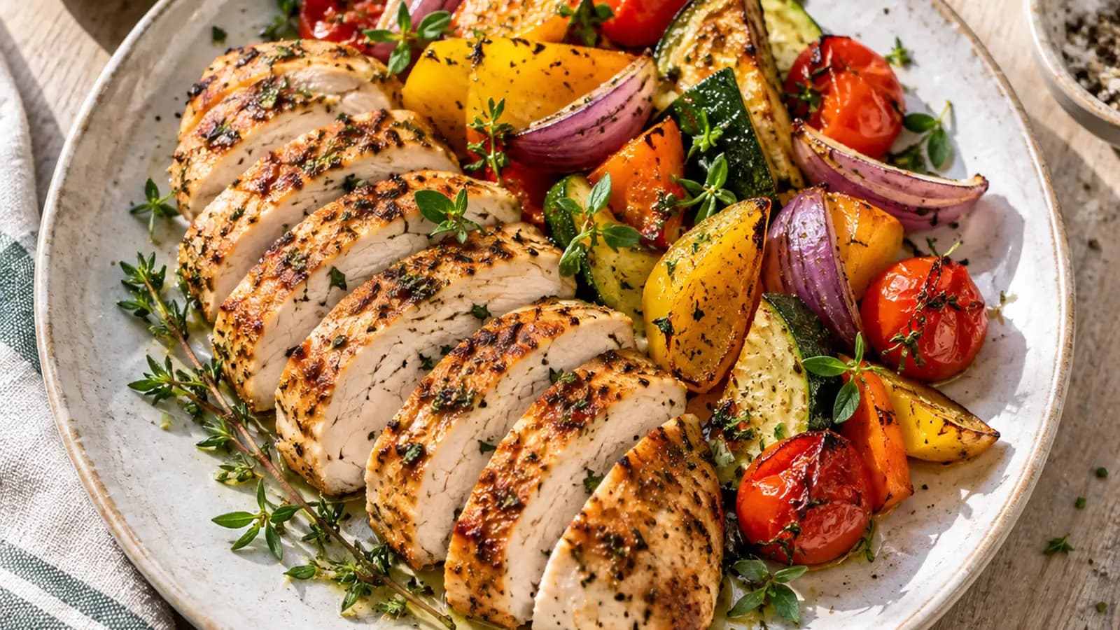 Assiette de poulet rôti et de légumes colorés, servie sur une table claire en lumière naturelle, sans texte ni logo