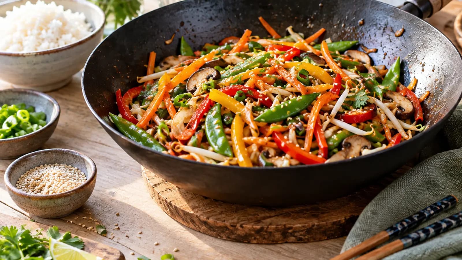 Wok coloré de carottes, poivrons, brocoli et pois gourmands nappés d'une sauce légère, lumière naturelle, sans texte ni logo