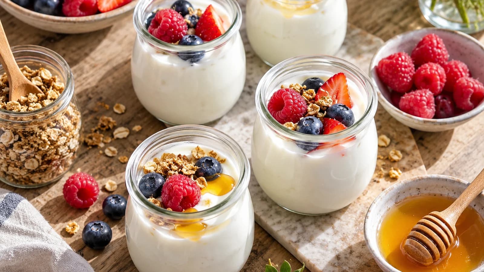 Bol de skyr épais avec fruits rouges, flocons d’avoine et noix sur une table éclairée par la lumière naturelle, sans texte ni logo
