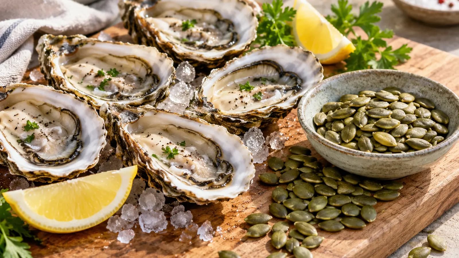 Bol de lentilles, œuf, pain complet et graines de courge sur une table éclairée par une lumière naturelle, sans texte ni logo