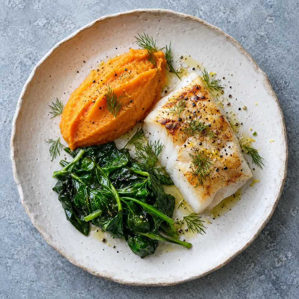 Cabillaud rôti, purée de patate douce et épinards, vus de dessus