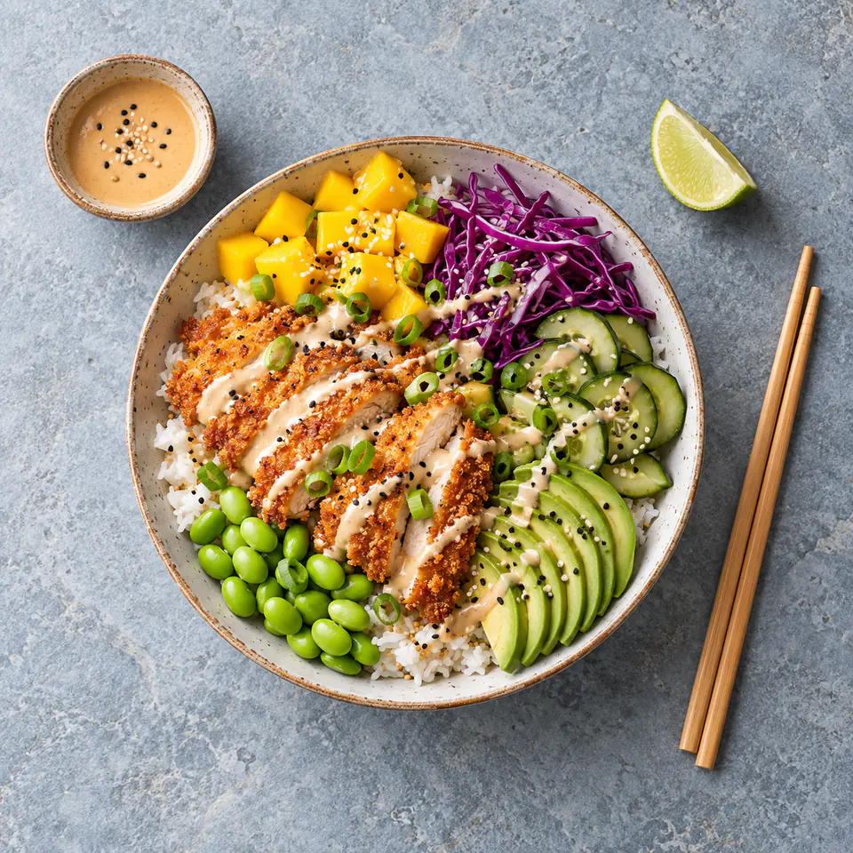 Bowl vu de dessus : poulet croustillant, riz, mangue, edamame, avocat, concombre et chou rouge