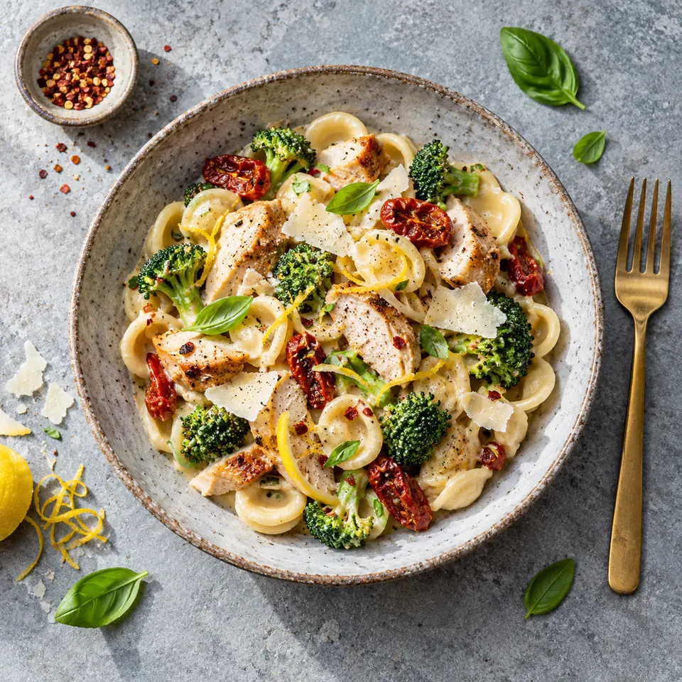 Orecchiette crémeuses au poulet rôti, brocoli et parmesan
