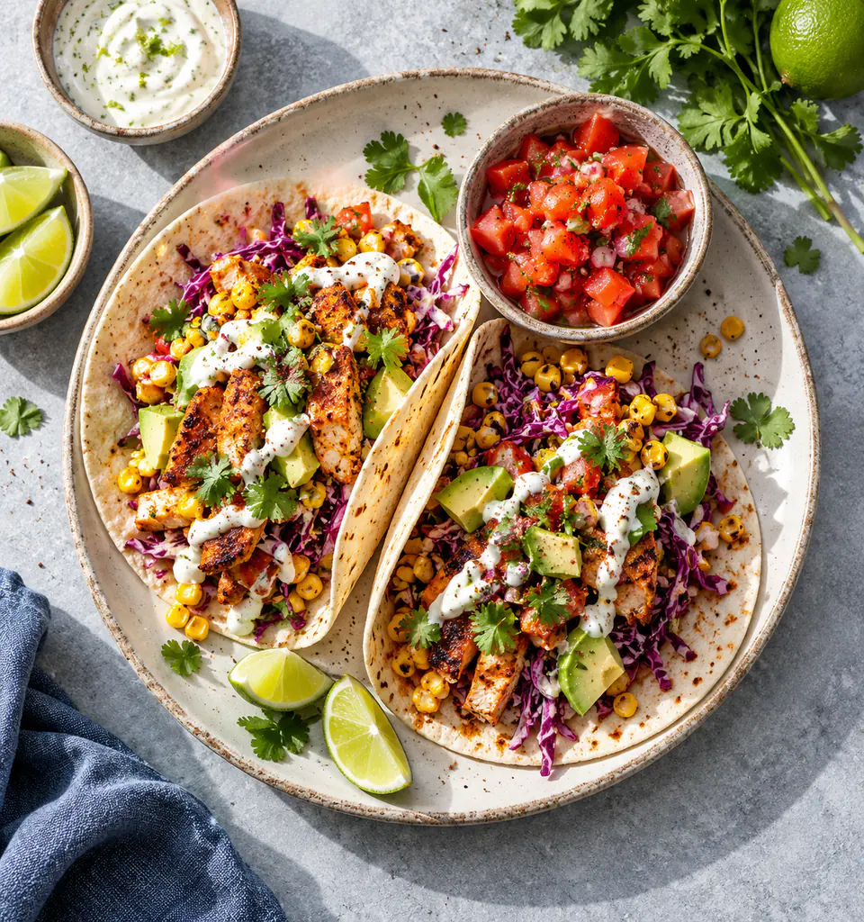 Tacos maison au poulet grillé, chou rouge, avocat et maïs