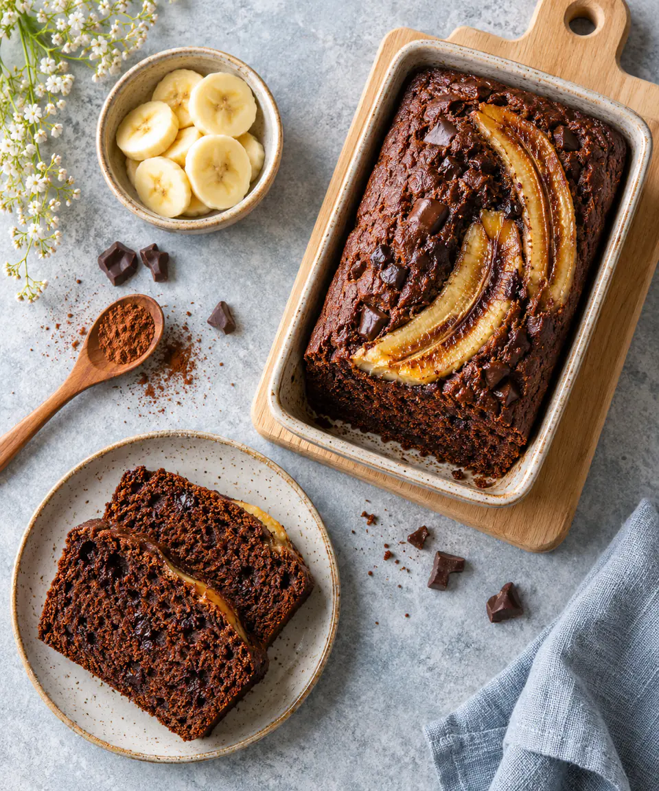 Banana bread au cacao tranché, rondelles de banane