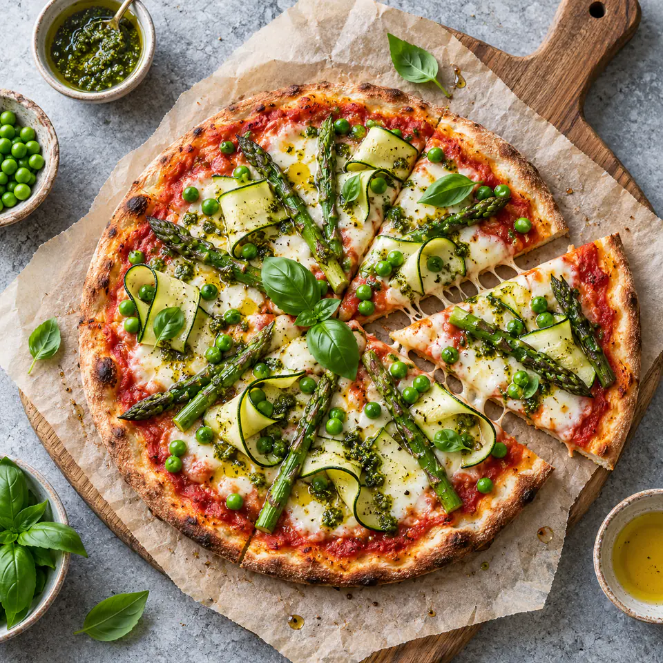 Pizza maison aux asperges, courgette et petits pois
