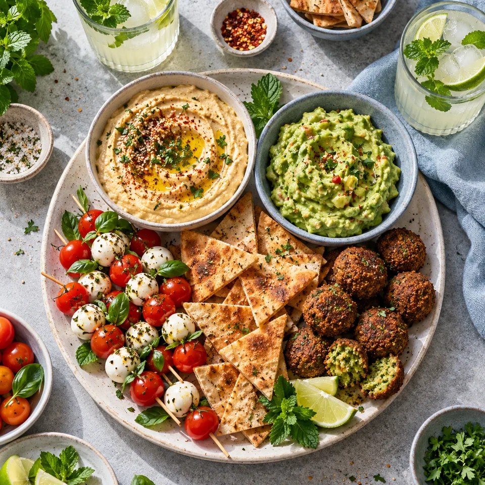 Un plateau apéritif : houmous, guacamole, chips de pita maison, brochettes tomates cerises mozzarella, falafels et deux mocktails au citron vert et menthe.