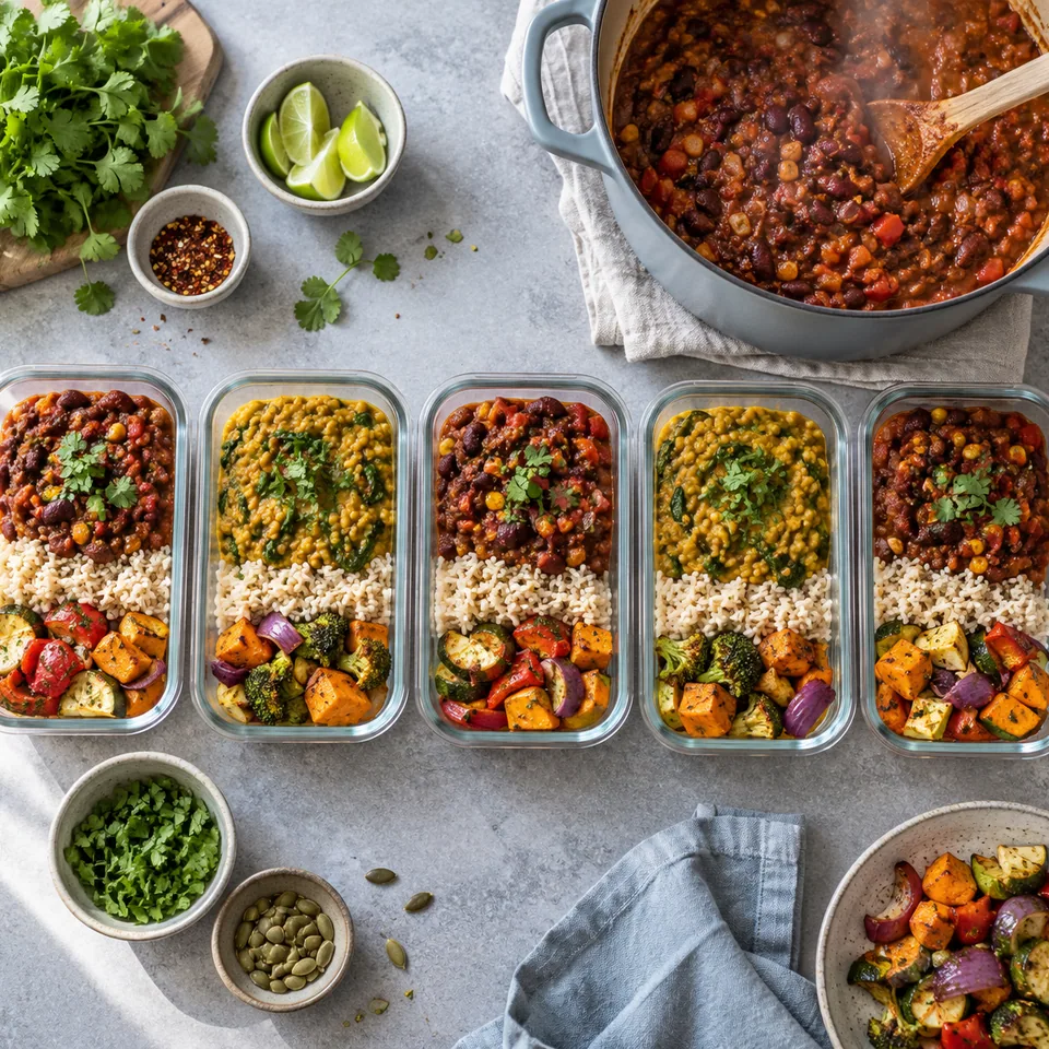 Cinq boîtes repas en verre alignées remplies de chili sin carne, riz, curry de lentilles et légumes rôtis, une grande marmite fumante à côté, préparation du dimanche pour la semaine.