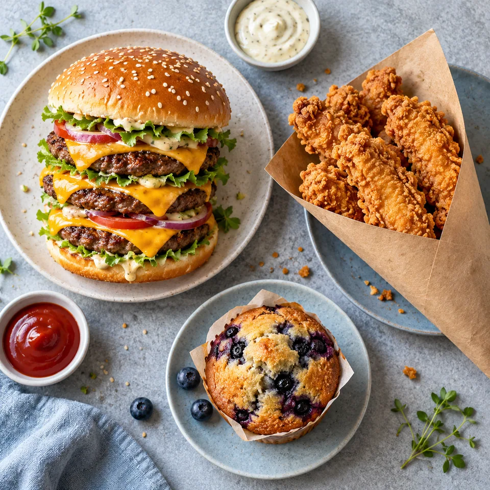 Un burger à trois étages façon fast-food, du poulet frit croustillant dans un cornet en papier kraft sans inscription et un muffin aux myrtilles.