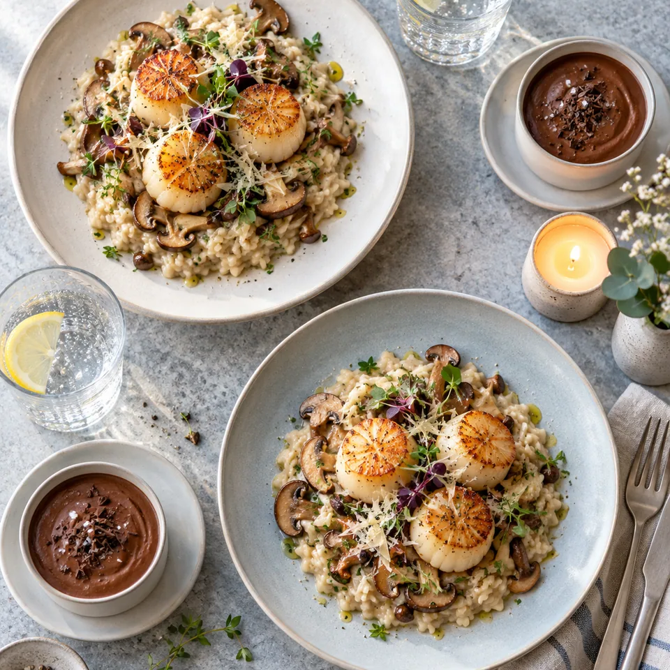 Deux assiettes élégantes de risotto aux champignons et de Saint-Jacques snackées, deux verres d'eau pétillante, une petite bougie et deux pots de crème au chocolat.