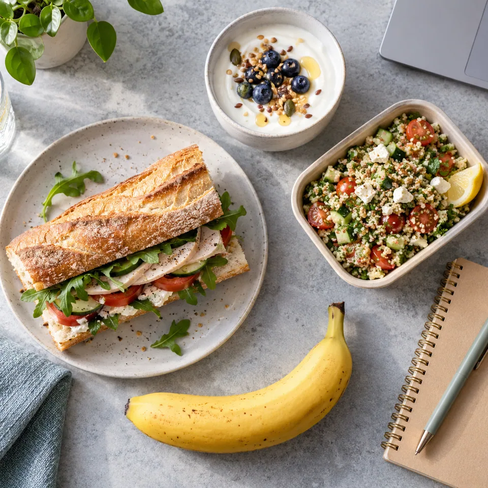 Un déjeuner de bureau assemblé : une demi-baguette garnie, un pot de skyr, une salade taboulé en barquette, une banane et un carnet sur un bureau clair.