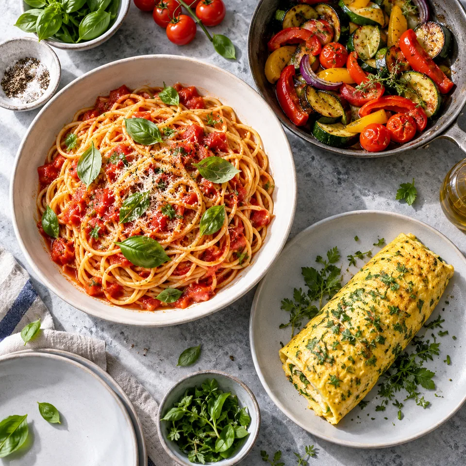 Un grand bol de spaghettis à la sauce tomate maison et basilic frais, une poêle de légumes sautés et une omelette roulée aux herbes, dîner simple et très appétissant.