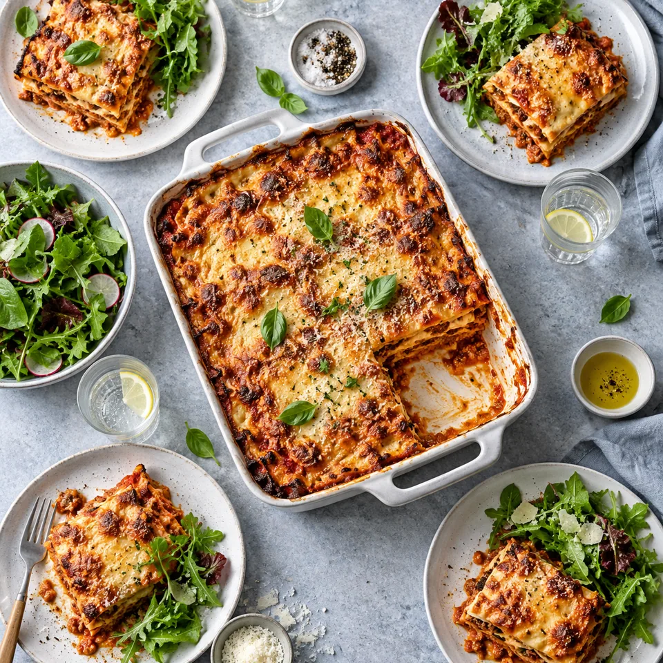 Un grand plat familial de lasagnes gratinées au centre, quatre assiettes autour avec des portions différentes et une salade verte.