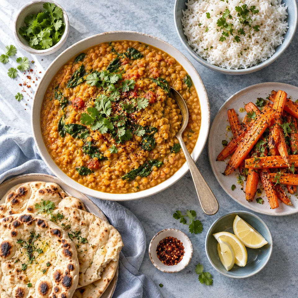 Un grand plat de dahl de lentilles corail, un bol de riz, des carottes rôties et du pain, généreux et économique.