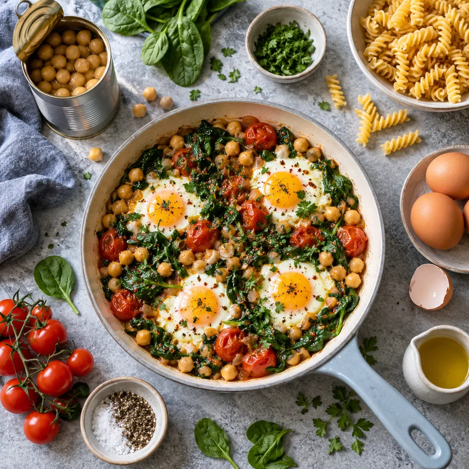Une poêlée d'œufs, pois chiches et épinards, avec autour une boîte de conserve ouverte, des pâtes crues et des œufs.