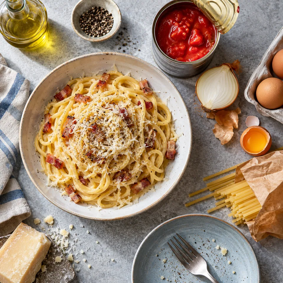 Un plat de pâtes aux œufs et fromage râpé façon carbonara rapide, à côté une boîte de conserve de tomates ouverte, un demi-oignon, quelques œufs et un paquet de pâtes entamé, fond de placard transformé en vrai repas.