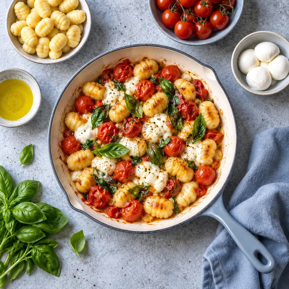 Une seule poêle avec un plat simple et doré de gnocchis, tomates cerises et mozzarella, cinq ingrédients disposés autour.