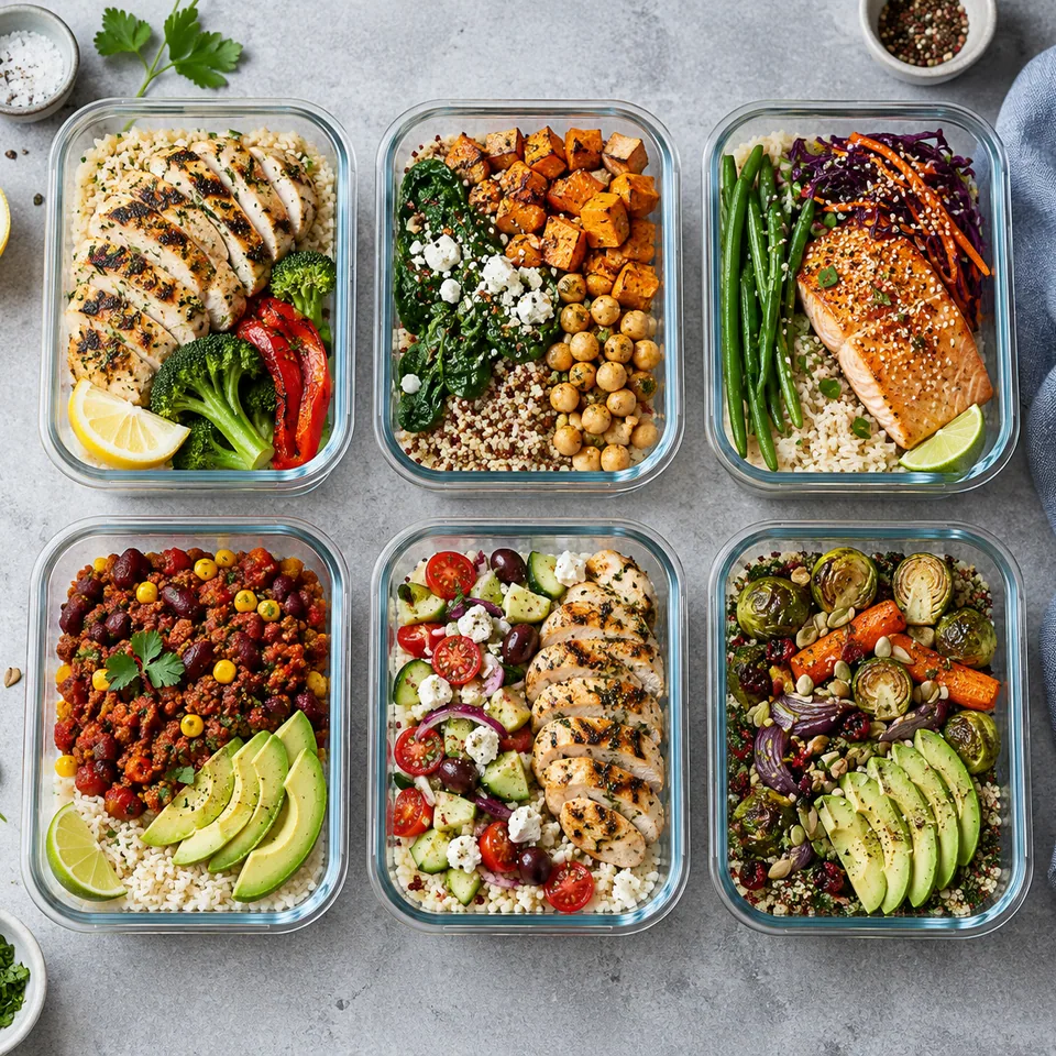 Six boîtes repas en verre alignées et remplies de riz, poulet, légumes rôtis, chili et salades, préparées pour la semaine.