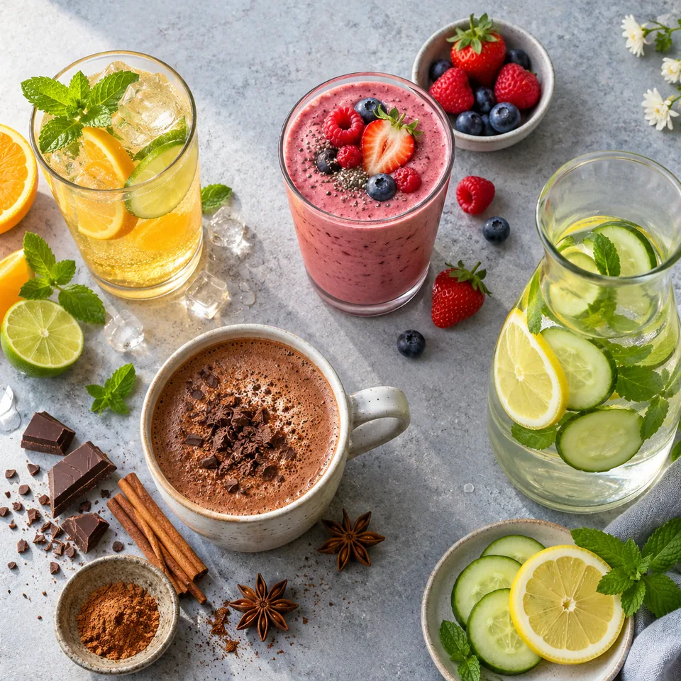 Quatre verres alignés : un mocktail pétillant aux agrumes et à la menthe, un smoothie rose aux fruits rouges, un chocolat chaud épicé dans un mug et une carafe d'eau aux rondelles de citron et concombre.