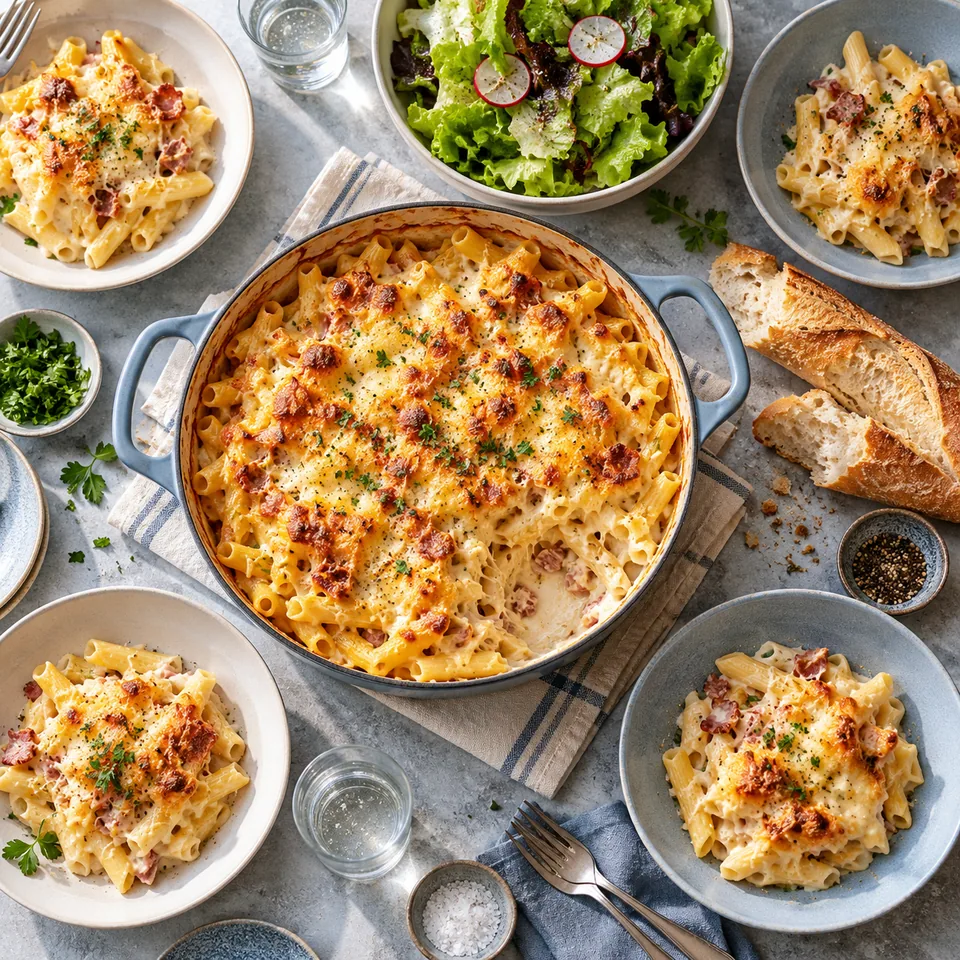 Une grande cocotte familiale de pâtes gratinées au fromage doré au centre, quatre assiettes creuses servies autour en portions différentes, un saladier de salade verte et une baguette rompue, ambiance repas de famille généreux et simple.