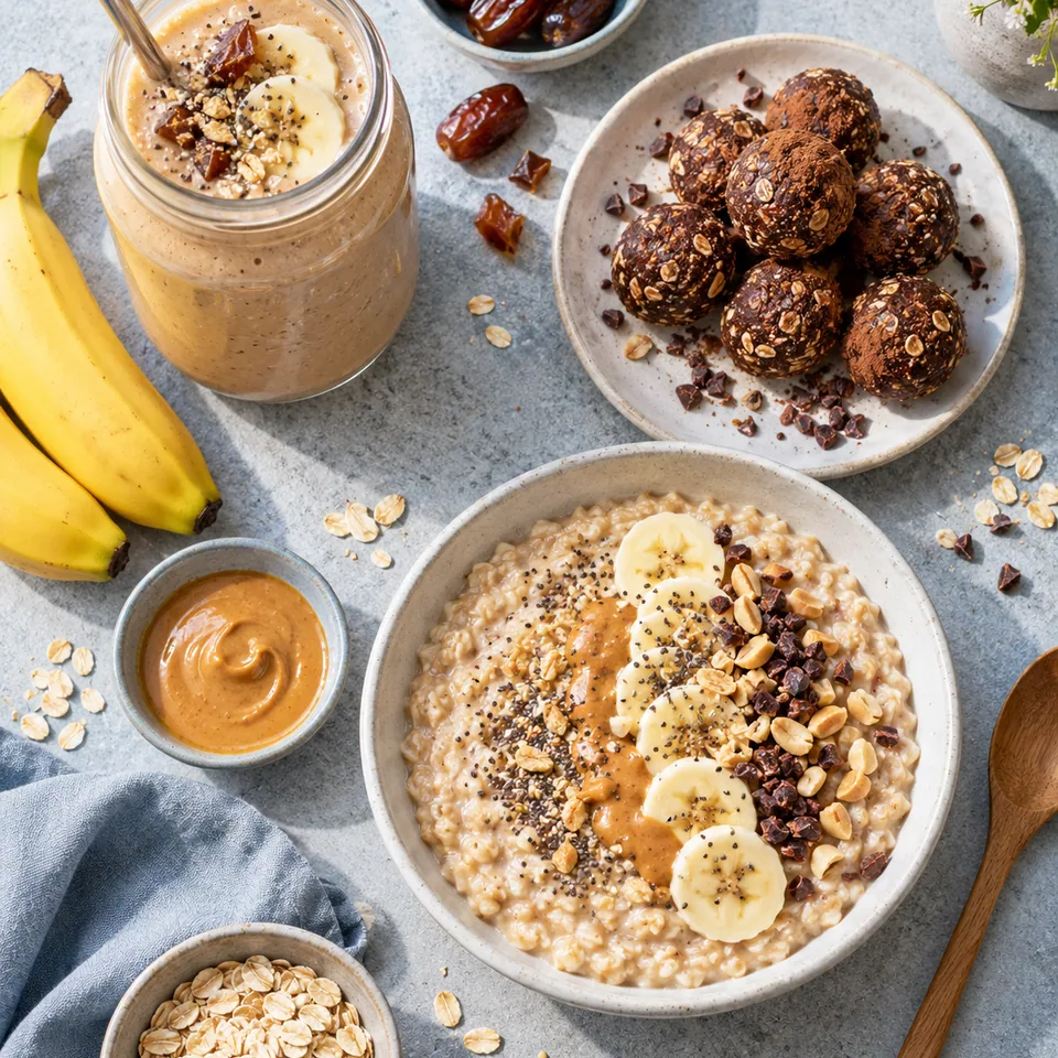 Un smoothie épais banane-dattes dans un bocal, des bouchées énergie au cacao et un porridge au beurre de cacahuète.