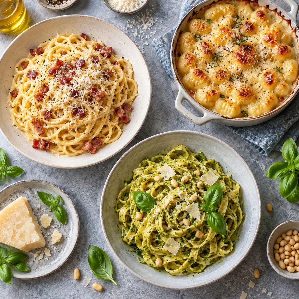 Une assiette de spaghettis carbonara crémeux au poivre, un plat de gnocchis gratinés et des tagliatelles au pesto.