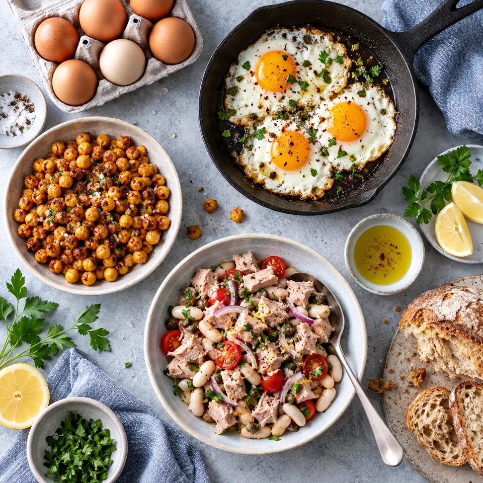 Une boîte d'œufs ouverte, des œufs au plat dans une poêle en fonte, un bol de pois chiches rôtis croustillants, une salade de thon et haricots blancs, composition graphique et lumineuse.