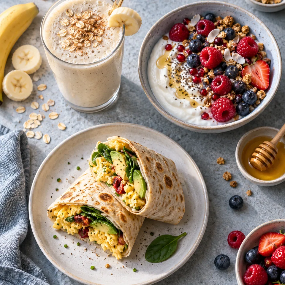Un shake banane-avoine dans un grand verre, un bowl de skyr granola fruits rouges et un wrap aux œufs brouillés.