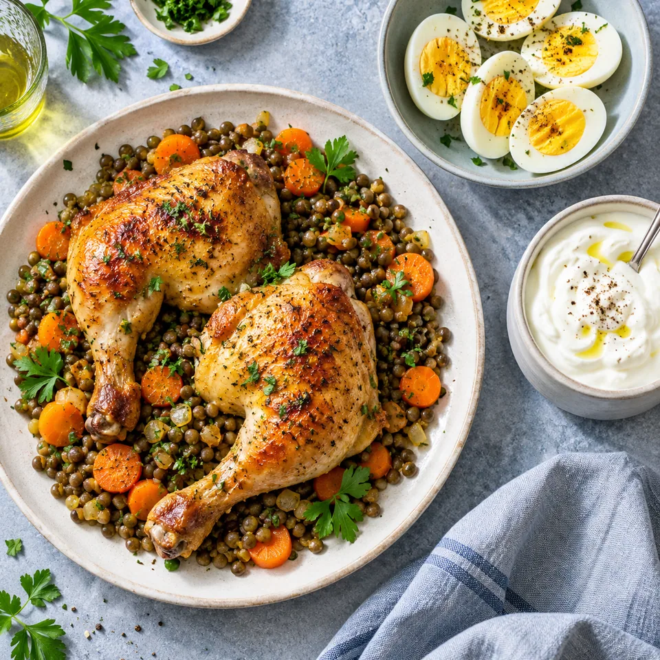 Une assiette de cuisses de poulet rôties dorées sur un lit de lentilles vertes et carottes, un bol d'œufs durs coupés en deux et un pot de fromage blanc, généreux et protéiné.