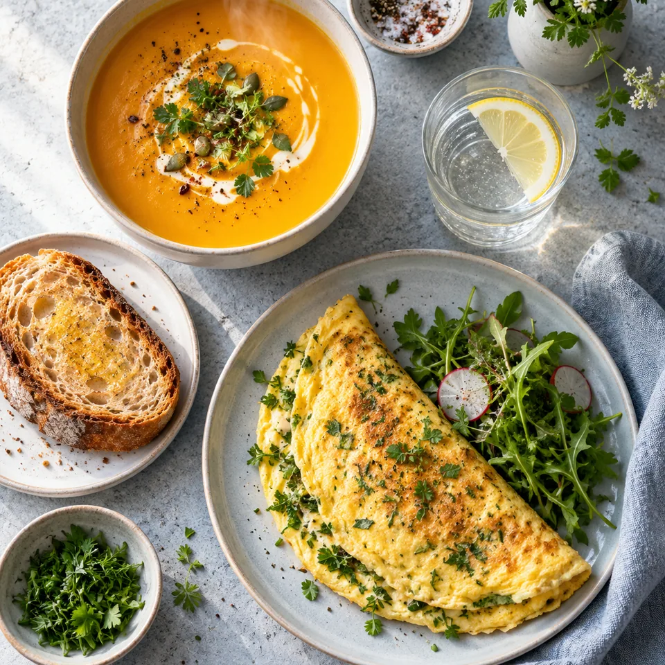 Un bol de soupe veloutée fumante, une omelette aux herbes et une tranche de pain grillé, ambiance douce et chaleureuse.