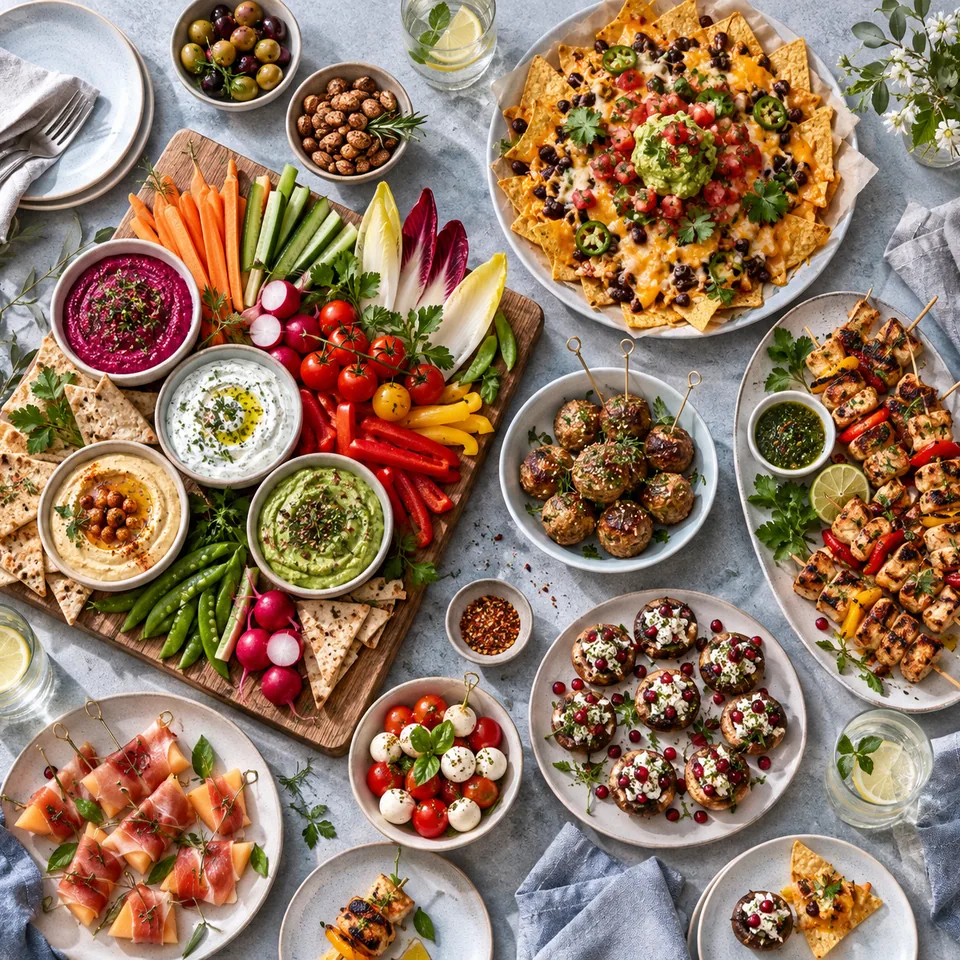 Une grande table partagée vue de dessus : une planche de légumes croquants et de dips colorés, des nachos gratinés, des mini-brochettes et des bouchées, plusieurs petites assiettes et serviettes en lin.