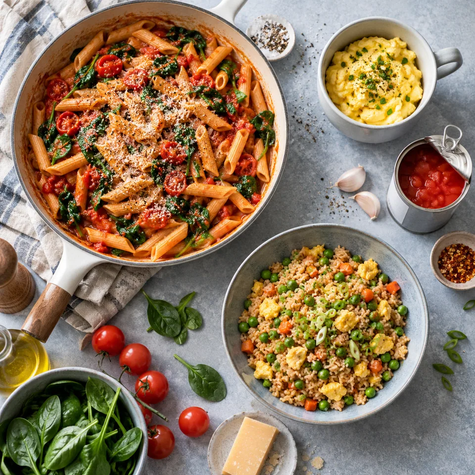 Une seule poêle de pâtes one-pot à la tomate et aux épinards, un mug d'œufs brouillés au micro-ondes et un bol de riz sauté, avec une boîte de conserve ouverte et quelques ingrédients de placard autour.