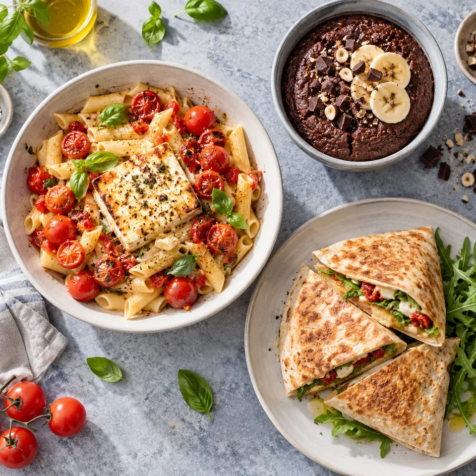 Un plat de pâtes à la feta rôtie et tomates cerises, un bowl cake au chocolat et un wrap plié en quatre doré.