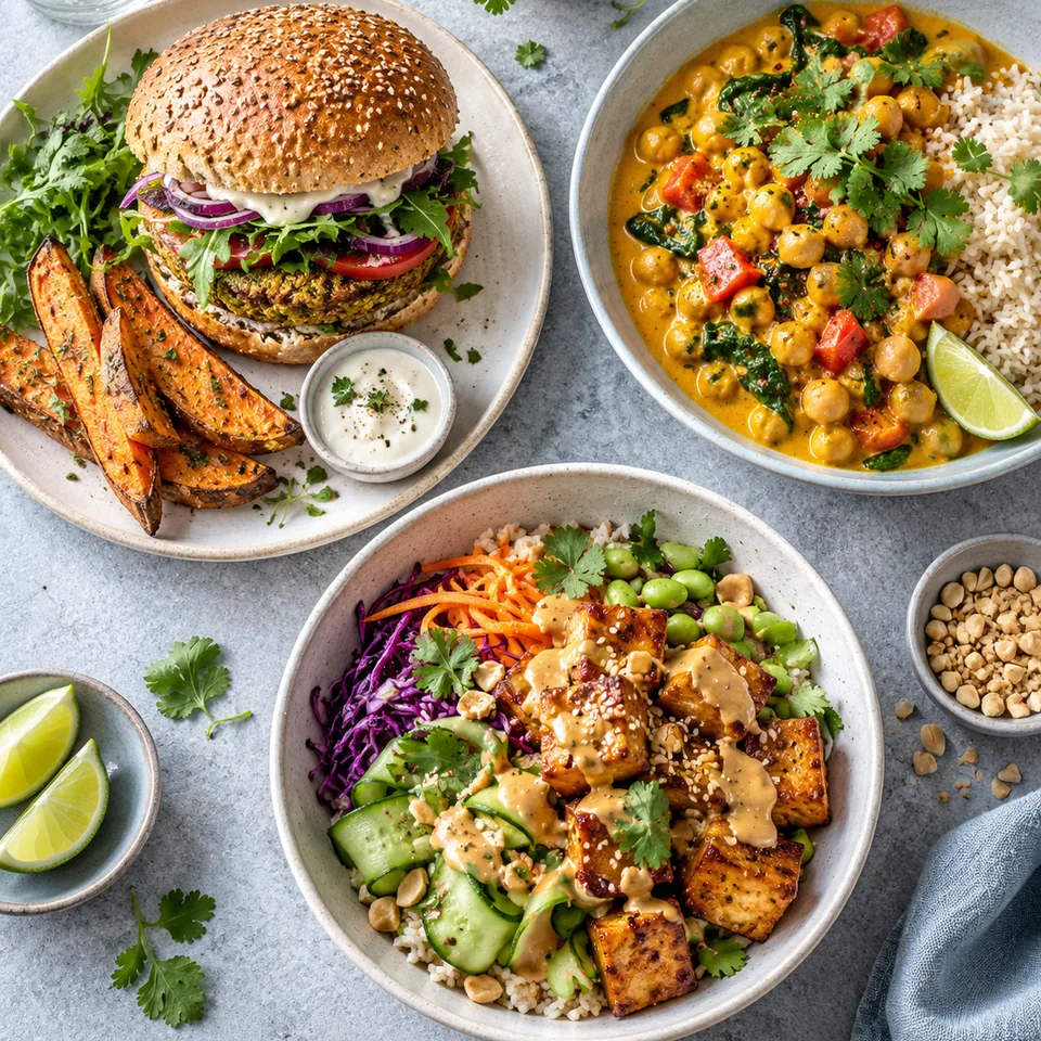 Un burger végétarien croustillant, un curry de pois chiches au lait de coco et du tofu doré sauce cacahuète.