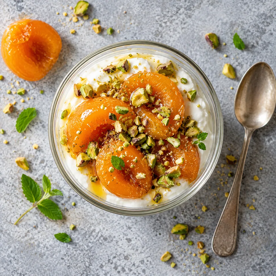 Verrine de crème de skyr aux abricots pochés et pistaches concassées, vue de dessus.