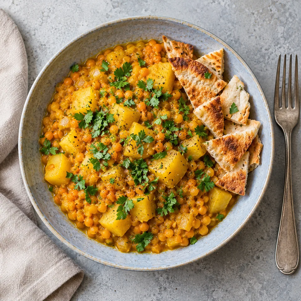 Adasi, lentilles persanes au curcuma et au citron : portion de lentilles et pommes de terre en sauce dorée avec persil et pain pita croustillant.