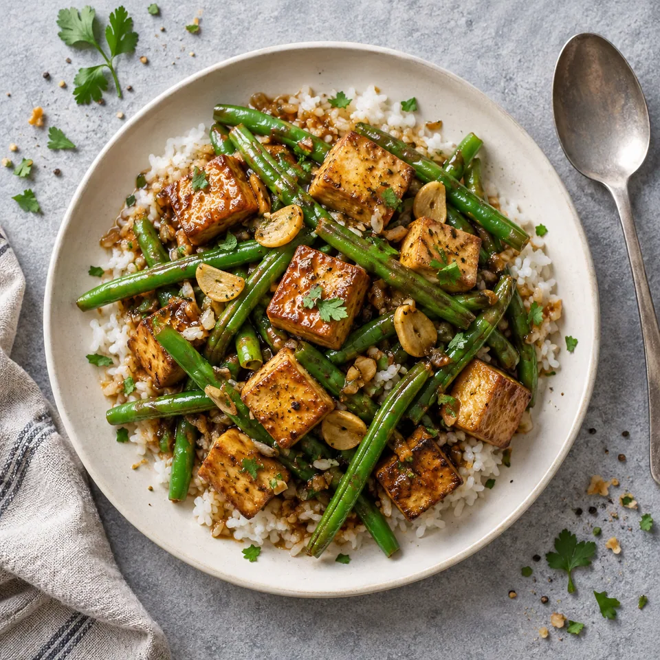 Assiette de riz à l'ail, tofu doré et haricots verts nappés de sauce Adobo.