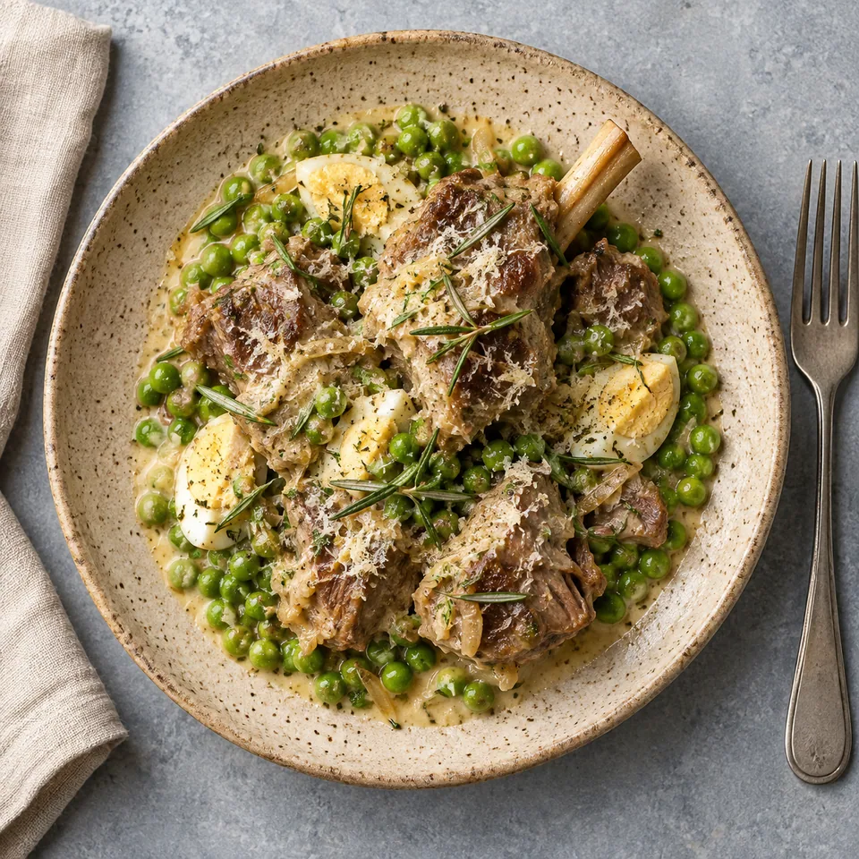 Assiette d'agneau cacio e uova aux petits pois, sauce crémeuse et herbes.