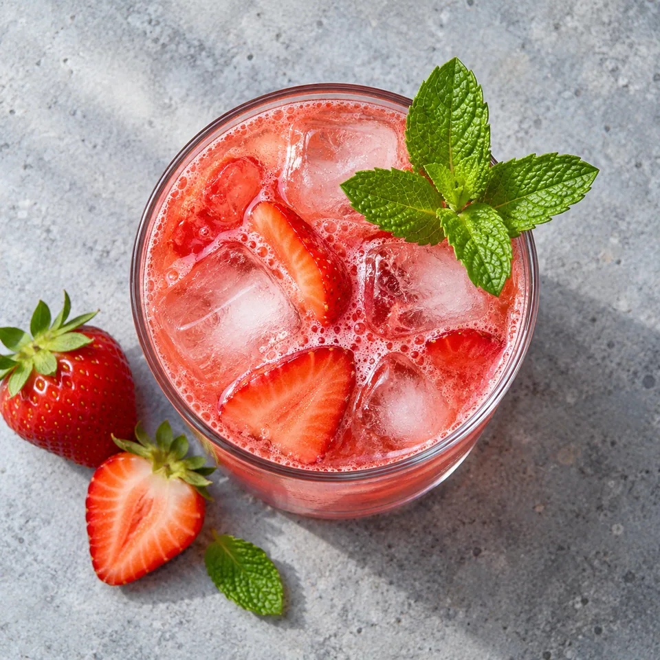 Un grand verre d'agua de fresa rose avec glaçons et menthe fraîche, vue de dessus.