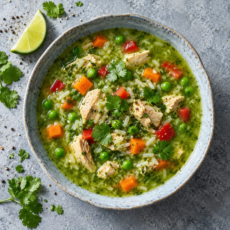 Bol de soupe péruvienne Aguadito verte au poulet, riz, pois, carottes et poivron sur fond bleu-gris.
