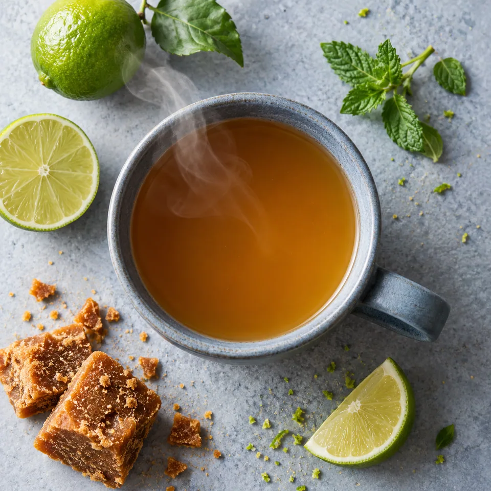 Aguapanela chaude au citron vert dans un mug bleu-gris, boisson ambrée et fumante.